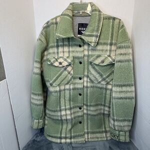 Roxy Women’s Green Plaid Shirt Jacket S Oversized Cabin Core Cozy